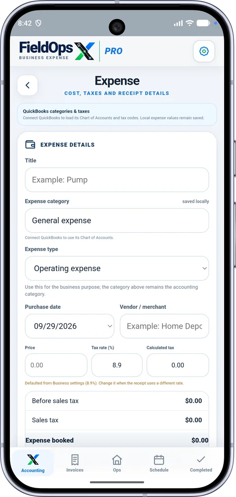 FieldOpsX business expense screen