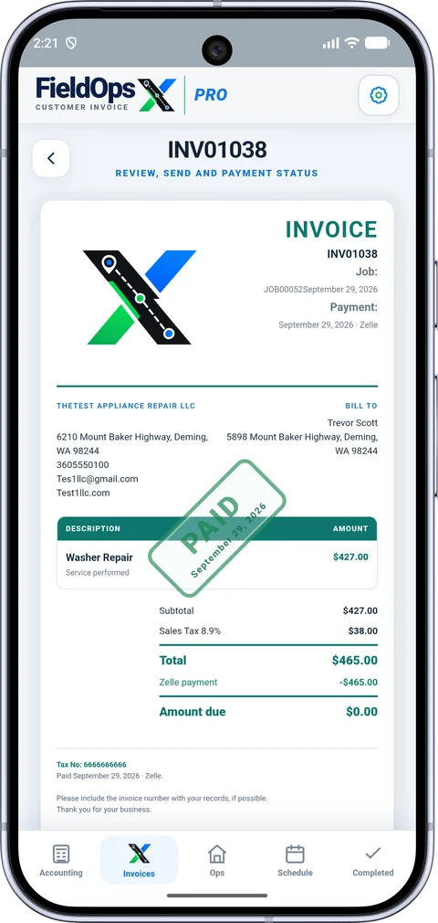 FieldOpsX paid invoice screen