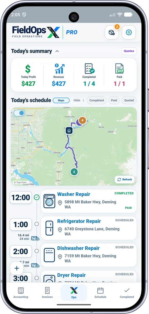 FieldOpsX Ops summary and route screen