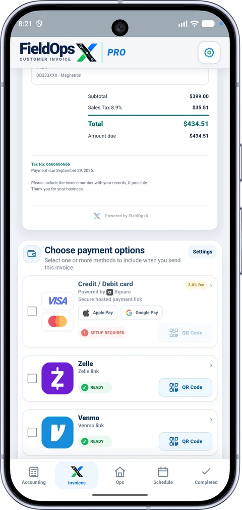 FieldOpsX invoice payment options