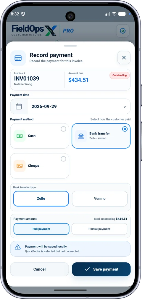 FieldOpsX record payment screen