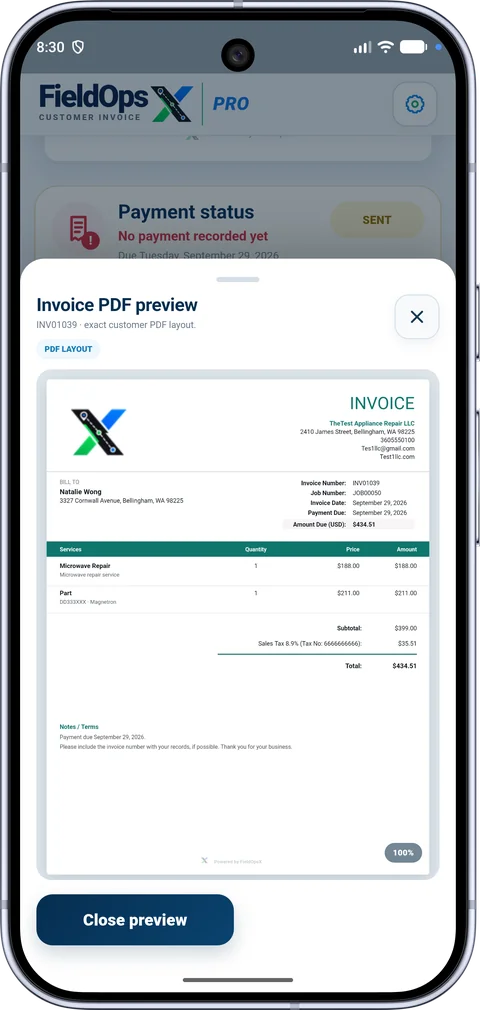 FieldOpsX invoice PDF preview