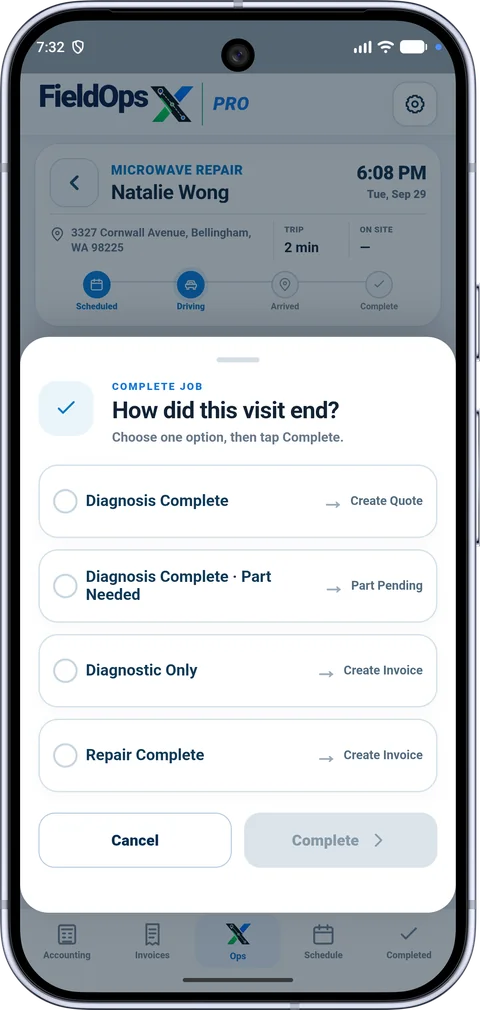 FieldOpsX complete job outcome options