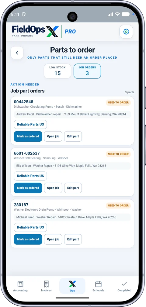 FieldOpsX parts to order screen