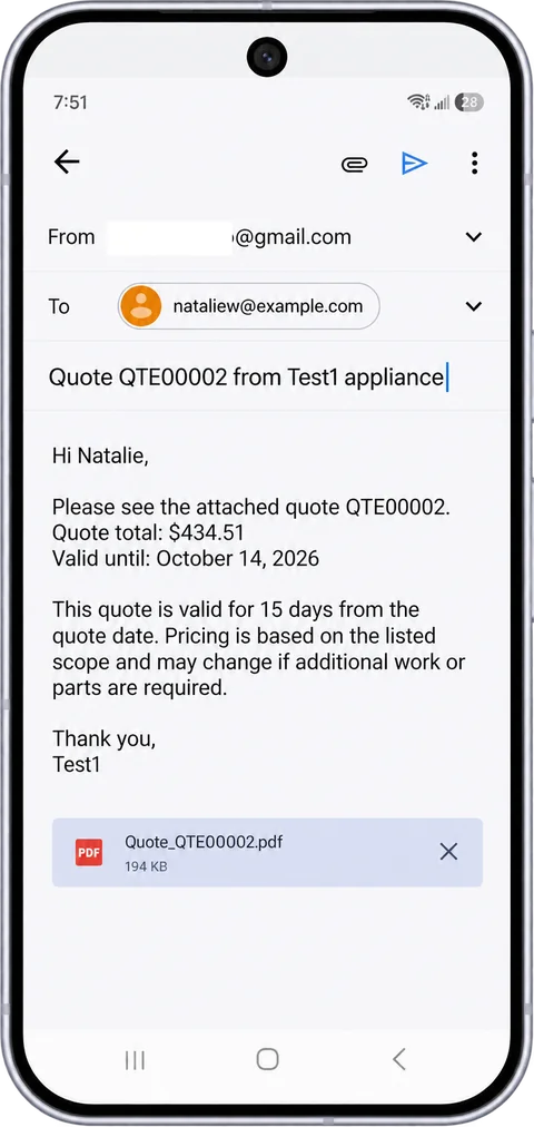 FieldOpsX prepared quote email with PDF