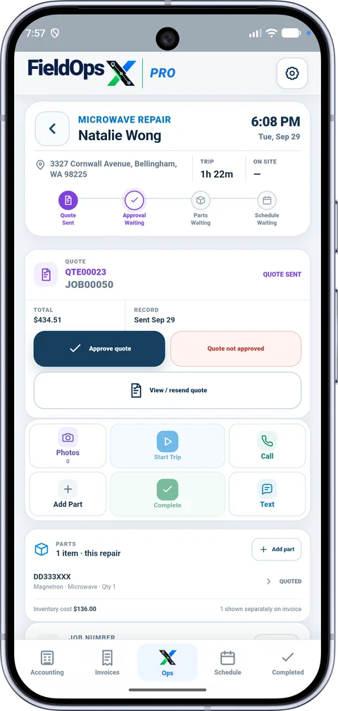 FieldOpsX sent quote and approval screen