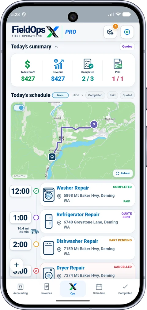FieldOpsX daily operations route map and job status