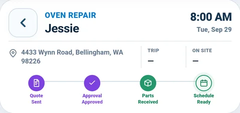 FieldOpsX quote, approval, parts and schedule progress